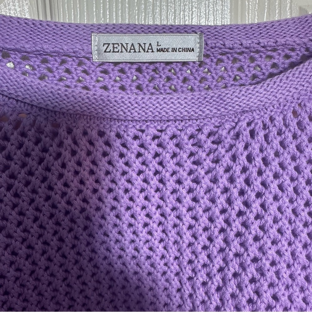 Women’s Zenana Lilac Open-Knit Scoop Neck Sweater, size Large